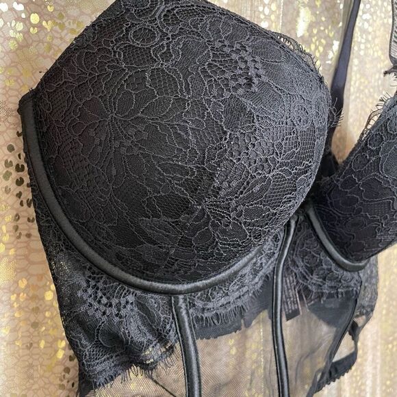Victoria’s Secret Black Rhinestone Strap Pushup Corset Bra Top 34DD - Picture 3 of 9